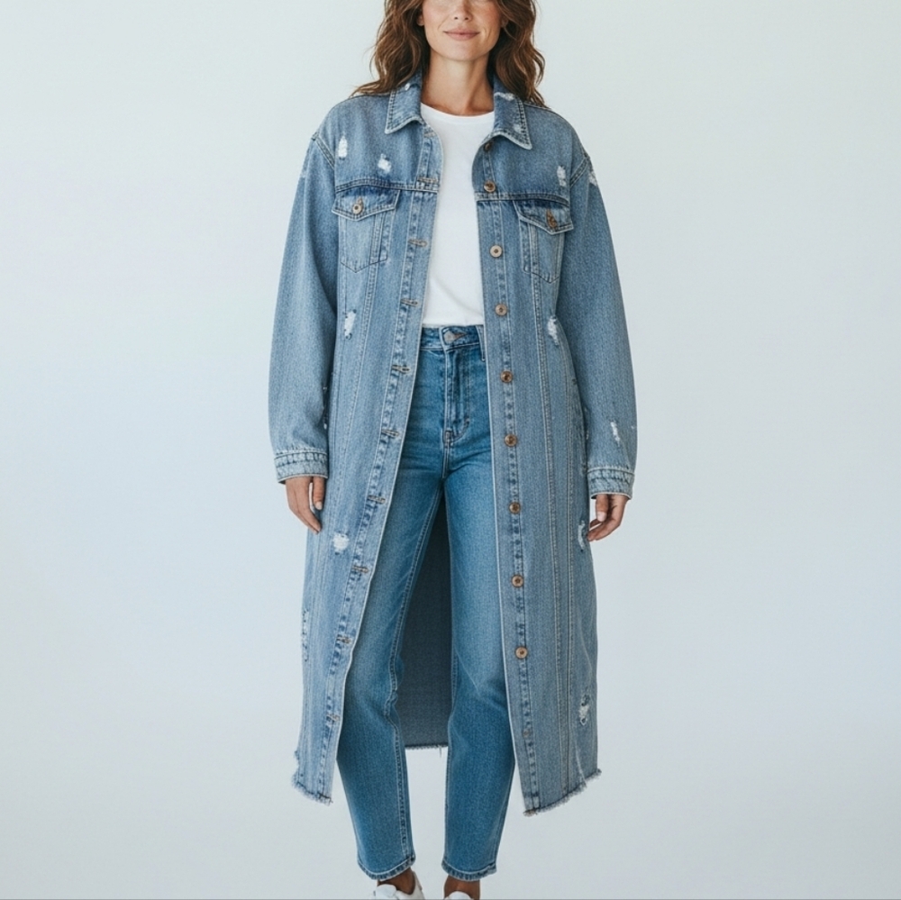 Tribal Jeans Long Distressed Denim Duster Jacket Womens Size Small